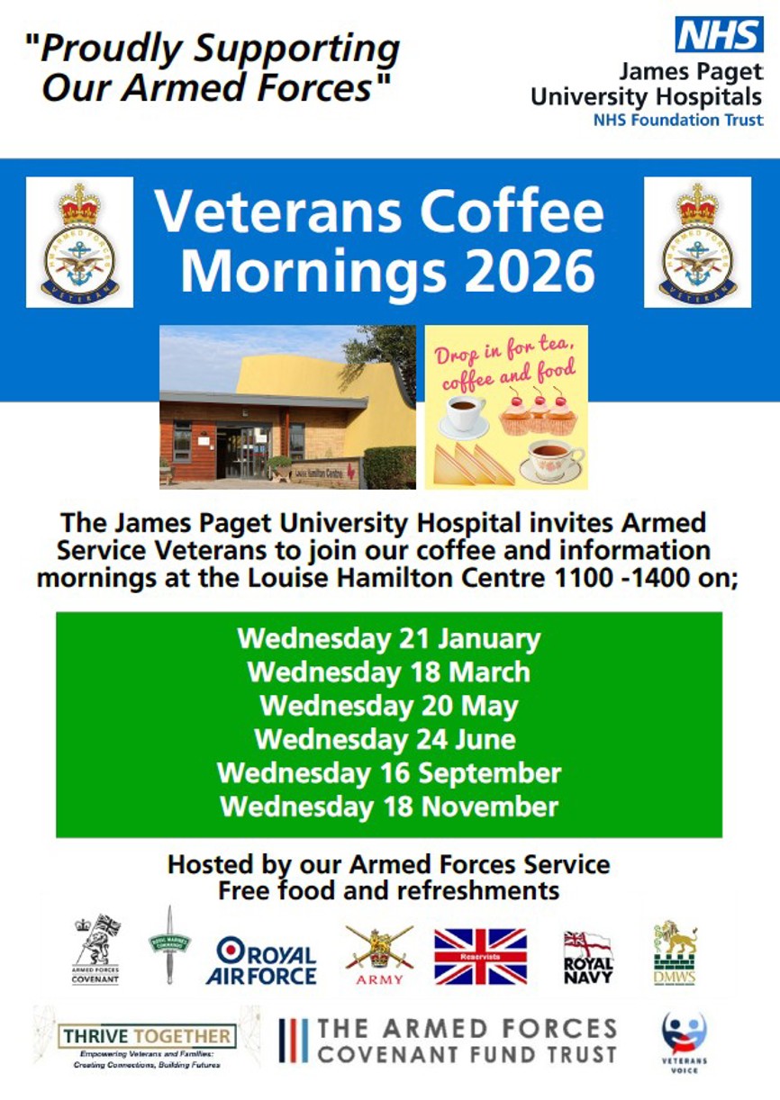 Our veterans coffee morning 2026 poster with the information in the text plus the dates for 2026 - 21 January, 18 March, 20 May, 24 June, 16 September, and 18 November